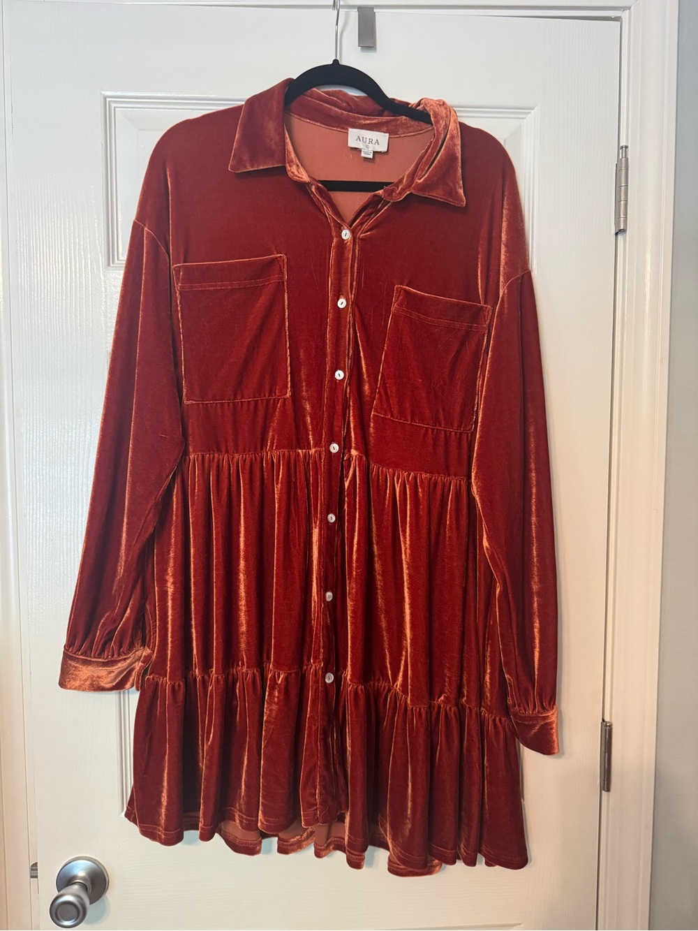 Aura Rust Velvet Button-Front Tiered Dress